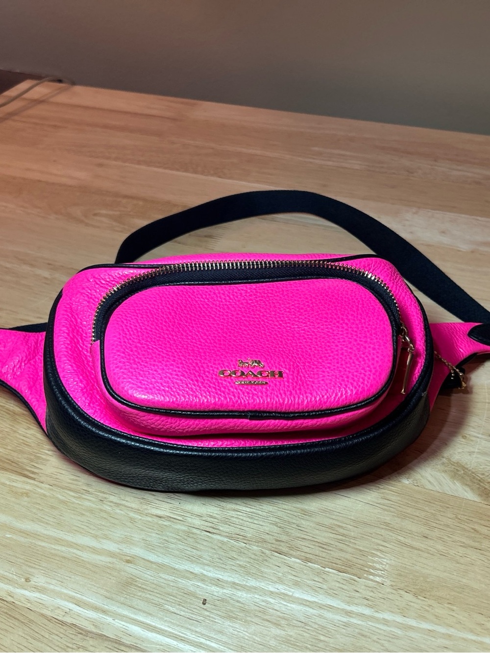 Coach Court Belt Bag NEON PINK Black Colorblock Fanny Pack Sport Gold NWOT
